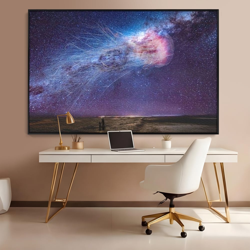 Tablou canvas cu ilustratie digitala cu meduza cosmica si stele, in rama de aluminiu negru, pe perete intr-un birou